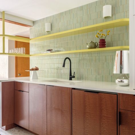 This Midcentury-Modern Kitchen’s Color Palette Took Inspiration From a Vintage Photograph | Architectural Digest High Gloss Cabinets, Finger Tiles, Modern Kitchen Colours, Kitchen Color Palettes, Kitchen S, Artistic Tile, Mid Century Modern Kitchen, Green Cabinets, Kitchen Color