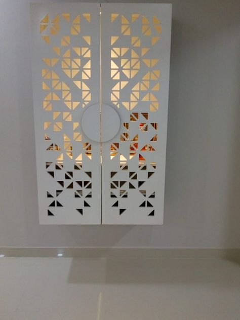 Sleek Pooja Unit, Mandir Door Design For Home Modern, Puja Unit Design On Wall, Pooja Cnc Design, Small Pooja Unit On Wall, Pooja Room Cnc Design, Jain Mandir Design For Home, Small Mandir At Home In Wall, Puja Unit Design Modern