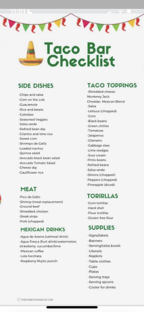 Bar Checklist, Taco Bar Buffet, Taco Bar Wedding, Mexican Party Food, Taco Bar Party, Party Food Bars, Buffet Set Up, Nacho Bar, Party Checklist