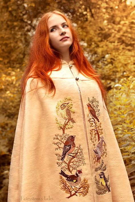 Forest birds cloak - Embroidery by ~Fairysiren on deviantART Embroidered Cloak, Wizard Fashion, Forest Birds, Fantasy Costumes, Fantasy Dress, Lace Collar, Embroidery Inspiration, Fantasy Clothing, Historical Clothing