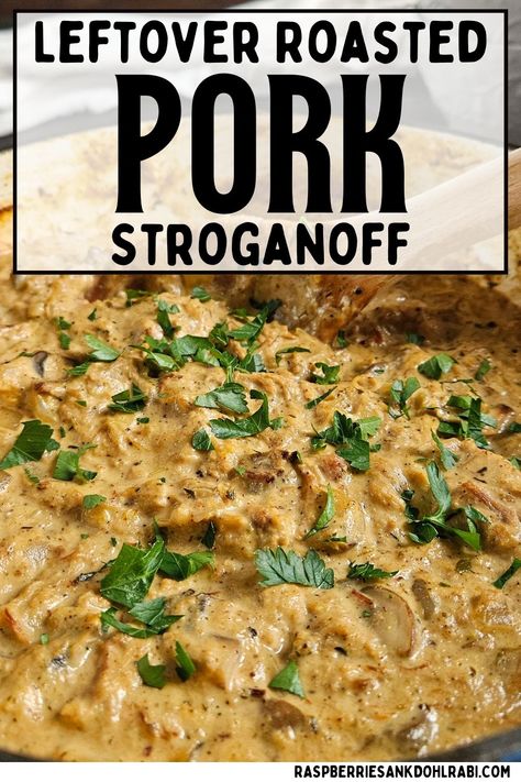 Close up of pork stroganoff. Leftover Pork Stroganoff Recipes, Leftover Pork Loin Stroganoff, Recipes With Leftover Pork Shoulder, Left Over Roast Pork Meals, Leftover Pork Chop Recipes Keto, Shredded Pork Leftovers Recipes, What To Do With Leftover Pork Loin Roast, Pork Stroganoff Recipes Easy, Cooked Pork Roast Leftover Recipes