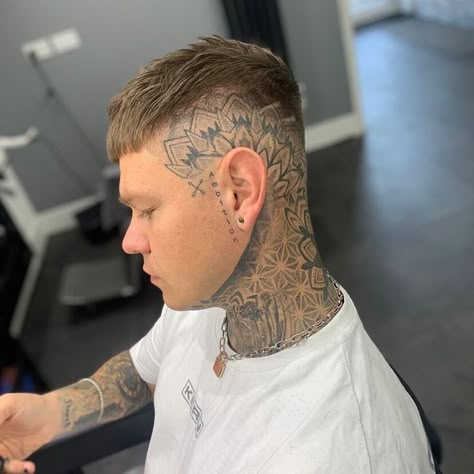 Small Face Tattoo Men Under Eye, Side Head Tattoo Men, Top Of Head Tattoo, Side Of Neck Tattoo Men, Side Of Head Tattoo Men, Mandala Head Tattoo, Rib Tattoos Men, Side Face Tattoo Men, Full Neck Tattoos For Men