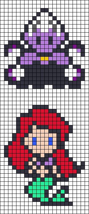 Ursula Perler Beads, Disney Villain Pixel Art, Ursula Cross Stitch, Easy Pixel Art Disney, Ikea Pyssla, Disney Pixel Art, Crochet Shoe, Alpha Bracelets, Paracord Macrame