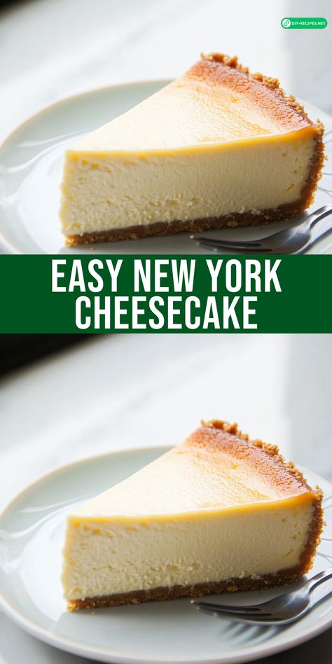 Bake this Easy New York Cheesecake! With a creamy filling and a buttery crust, it’s the ultimate dessert for cheesecake lovers. Old Fashioned Cheesecake, Oven Cheesecake Recipes, Easiest Cheesecake Recipe, Easy New York Cheesecake, Crustless Cheesecake Recipes, Easy Baked Cheesecake Recipes, Classic Cheesecake Recipes, Baked Cheesecake Recipes, Condensed Milk Cheesecake Recipes