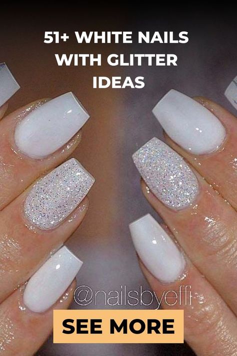 Looking for some glamorous nail inspiration? Look no further than these 51 white nails with glitter ideas. White nails are a classic and elegant choice, but Pearly White Nails With Design, White With Sparkle Nails, Snowy Nails White Glitter, White And Glitter Acrylic Nails, Nails Acrylic January, White Sparkle Nails Acrylic, White And Sparkle Nails, White With Glitter Nails, White Shimmery Nails