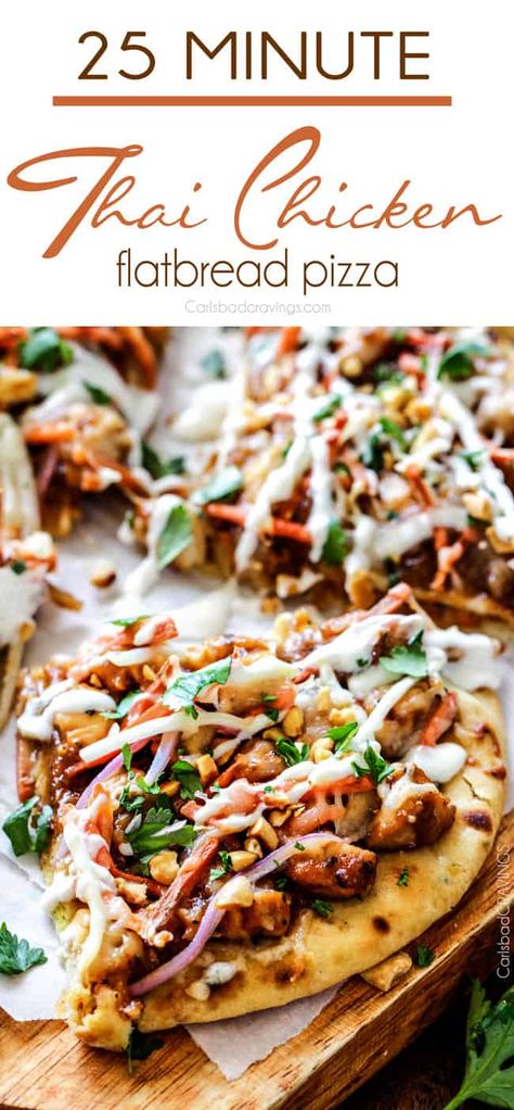 Thai Chicken Flatbread, Chicken Flatbread Recipes, Thai Chicken Pizza, Chicken Flatbread Pizza, Chicken Mozzarella, Flatbread Pizza Recipes, Tasty Pizza, Chicken Pizza Recipes, Chicken Flatbread