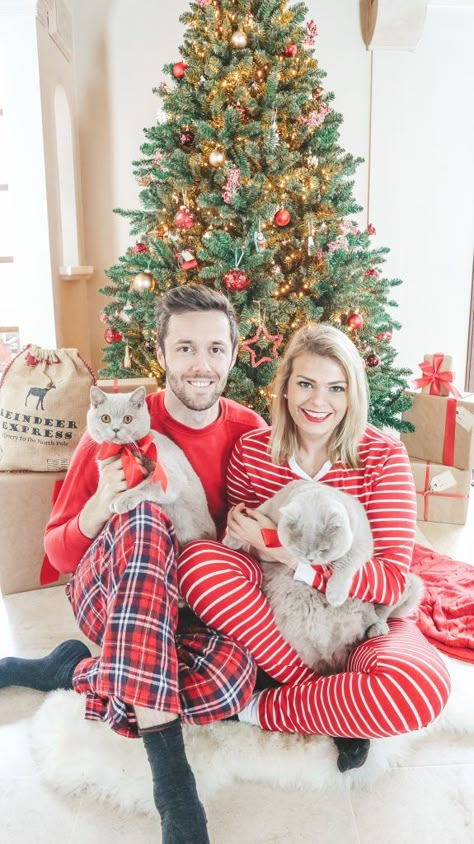 Christmas Pictures With Cats Family Photos, Sitting In Front Of Christmas Tree Poses, Christmas Photoshoot With Cat, Christmas Photos With Cats, Pictures In Front Of Christmas Tree, Cat Family Photo, Christmas Pet Photos, Holiday Card Pictures, Family Holiday Pictures