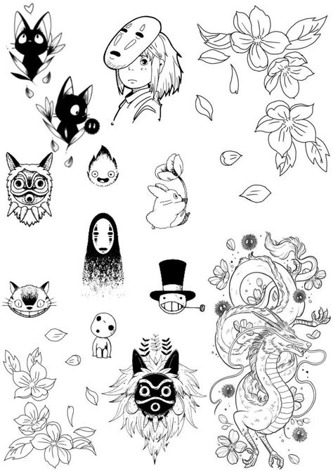 Nature Tattoo Inspiration, Dime Sized Tattoos, Studio Ghibli Fineline Tattoo, Cartoon Character Tattoo Design, Cute Studio Ghibli Tattoos, Studio Ghibli Small Tattoo, Minimalist Anime Tattoos, Ghibli Flash Tattoo, Studio Ghibli Flash Tattoo