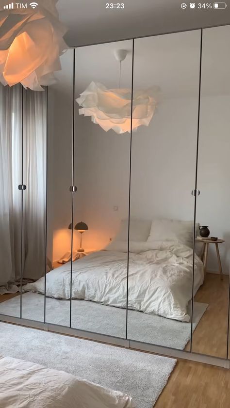 Mirror Wardrobe, All White Room, Ikea Mirror, Ikea Bedroom, Wall Closet, Wardrobe Design Bedroom, Mirrored Wardrobe, Bedroom Decor Design, Corner House