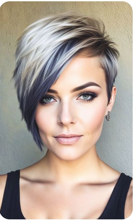 Asymmetrical Color Block Hair, Feminine Pixie Haircut Thick Hair, Asymmetrical Pixie Edgy Fine Hair, Edgy Pixie Cuts For Fine Hair, Asymmetrical Bob Short Edgy, Asymmetrical Pixie Edgy, Pixie Hair Color Ideas, Pixie Asymmetrical, Pixie Undercut Hair