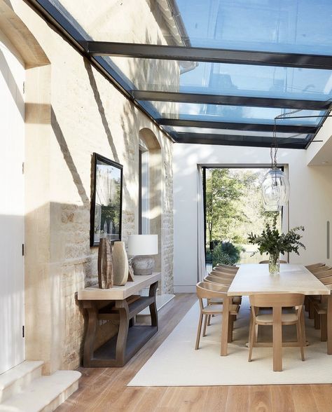 akindofhome Exterior Limestone, Glass Roof Extension, Stylish Home Office, Townhouse Interior, Room Extensions, Limestone Wall, Glass Extension, House Extension Design, Glass Roof