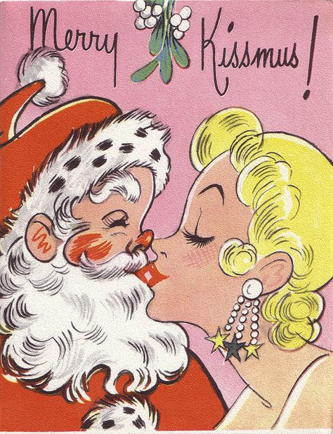 I saw Mommy Kissing Santa Claus, underneath the Mistletoe last night. Merry Kissmus! Vintage card Vintage Christmas Images, Old Fashioned Christmas, Illustration Vintage, Christmas Past, Mrs Claus, Noel Christmas, Vintage Christmas Cards, Vintage Greeting Cards, Christmas Illustration