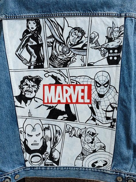 Marvel Jean Jacket, Marvel Denim Jacket, Spiderman Jean Jacket, Spiderman Denim Jacket, Denim Custom Jacket, Jeans Jacket Design, Jean Jacket Painted Ideas, Painted Jacket Ideas, Denim Jacket Painting