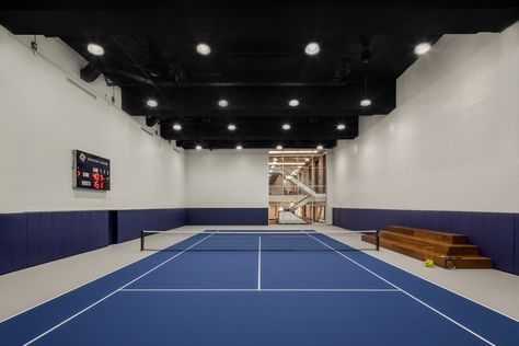 Waterline Square's amenities include an indoor skate park, full tennis court, and a rock-climbing wall | 6sqft Indoor Tennis Court, Public Park Design, Indoor Soccer Field, Rockwell Group, Indoor Playroom, Indoor Tennis, Rock Climbing Wall, Architecture Magazines, Climbing Wall