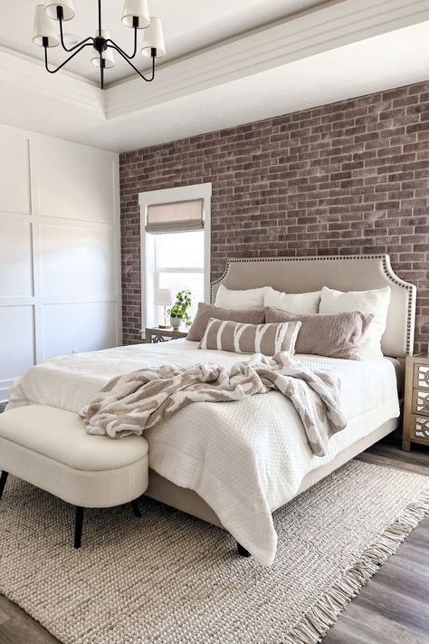 Brick Wall In Bedroom, Faux Brick Wall Bedroom, Faux Brick Accent Wall, Brick Wall Bedroom, Brick Bedroom, Faux Brick Wall, Brick Accent Wall, Faux Brick Walls, Brick Paneling