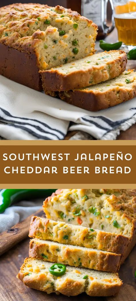 🍞 Spice up your baking with this Southwest Jalapeño Cheddar Beer Bread! Loaded with zesty jalapeños, rich cheddar cheese, and aromatic southwest spices, this bread is bursting with flavor. Perfect as a snack or alongside your favorite soups and stews. Bake a loaf today and enjoy the delicious heat! #BeerBread #SouthwestFlavors #HomemadeBread#myskinnyrecipes  🍺 Beer Bread Muffins, Jalapeno Cheddar Bread, Cheddar Beer Bread, Soda Breads, Jalapeno Cheese Bread, Blueberry Oatmeal Cookies, Favorite Soups, Jalapeno Recipes, Jalapeno Cheddar