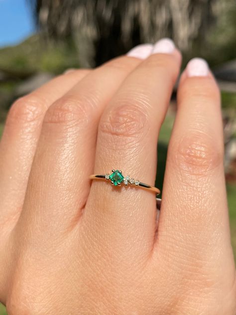 "14K May Birthstone Natural Emerald Ring, Princess Cut Emerald & Diamond Ring, Diamond Stackable Ring,  Dainty Engagement Ring, Valentine's Day, Christmas Gifts Product Details ✿Made to Order ✿Gold Color : Available in Yellow Gold, White Gold and Rose Gold ✿Gold Kt : 14K ( also available in 18k) ✿Gemstone : Natural Emerald and Diamond ✿Princess Cut Emerald : 1 pc 2.80 x 2.80 mm ✿Diamond : 5 pcs 1 mm ✿Emerald Ct : 0.20 ct ✿Total Diamond Ct : 0.05 ct ✿Number of Stones : 6 ✿Setting Type : Prong Set Minimalist Engagement Ring Emerald, Simple Gold Engagement Rings Emerald, Minimal Emerald Ring, Emerald Rings Simple, Delicate Emerald Ring, May Birthstone Ring, Small Green Engagement Ring, Engagement Rings Simple Emerald, Small Emerald Ring