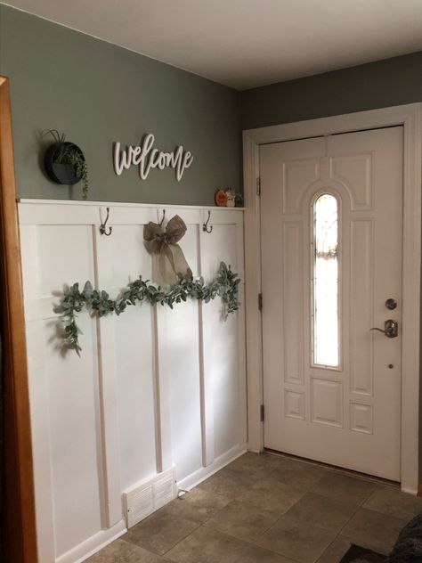 Entry Way Trim Wall, Entry Way Paneling Ideas, Entry Hallway Wall Ideas, Furring Strip Wall, Board And Batten Wall With Hooks Entryway, Hallway Panelling Coat Hooks, Entry Wall Hooks, Small Entry Hallway Ideas, Board And Batten Coat Rack