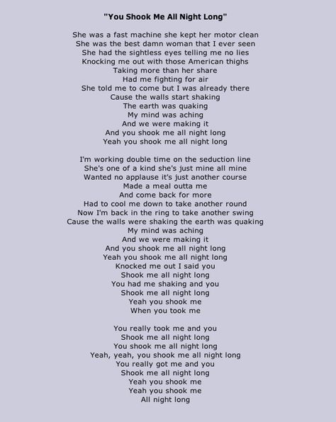 You Shook Me All Night Long -- AC/DC Many times I cut a rug to this tune! Love to dance old school to this baby!!! Long Lyrics, Shook Me All Night Long, A Rug, Play Music, Ac Dc, Knock Knock, Old School, Rug, Music