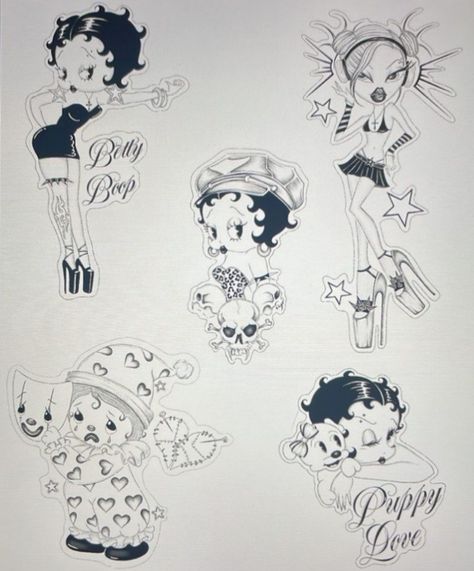 Betty Boop Cards Tattoo, Betty Boop Tattoo Stencil, Betty Boop Tattoo Vintage, Spooky Betty Boop Tattoo, Tattoo Art Styles, Chicano Flash Art, Fine Line Betty Boop Tattoo, Betty Boop Tattoo Ideas, Gothic Betty Boop Tattoo