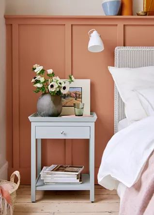 Burnt Sienna Bedroom, Murphy Bedroom, Sienna Bedroom, Modern Farmhouse Ideas, Tall Side Table, Compact Desks, Club Armchair, Interiors Online, Burnt Sienna