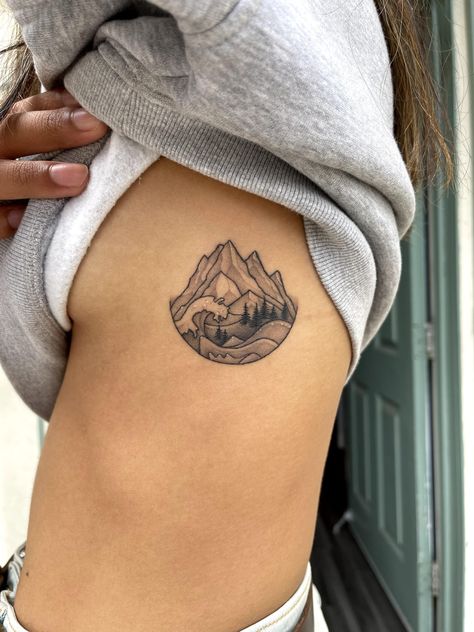 Mountain Ocean Sun Tattoo, Mountain And Beach Tattoo, Ocean And Mountain Tattoo, Tree Line Tattoo, Mini Tattoo Ideas, Wave Tattoos, Sibling Tattoos, Ocean Tattoos, Beach Tattoo