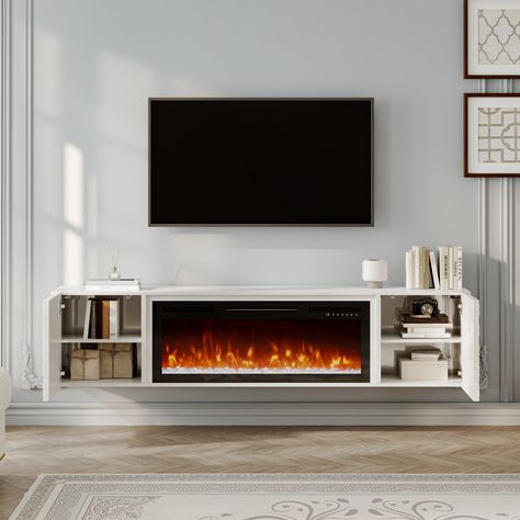 Fireplace Tv Stand Modern, Indoor Electric Fireplace Ideas, Floating Fireplace Tv Stand, Tv Stand With Fireplace Living Rooms, Tv Fireplace Wall Ideas Mounted Tv, Electric Fireplace Ideas With Tv Diy, Wall Mounted Electric Fireplace Ideas, Mounted Tv Stand, Wall Mounted Tv Stand