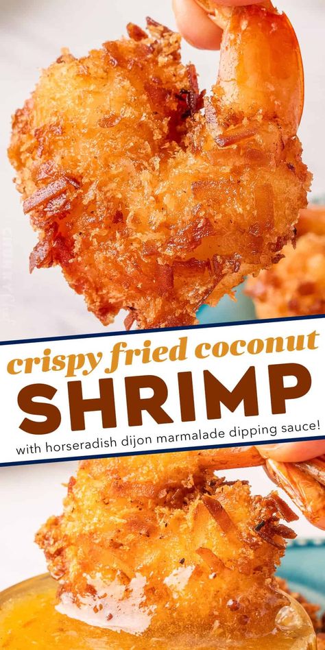 Fried coconut shrimp are made with a crunchy golden brown, slightly sweet coating, fried until perfectly crisp on the outside and juicy inside. Pair them with a spicy and sweet horseradish marmalade sauce and you'll have a mouthwatering tropical seafood dinner or appetizer! Marmalade Sauce, Seafood Cravings, Tropical Recipes, The Chunky Chef, Coconut Shrimp Recipes, Chunky Chef, Delicious Seafood Recipes, Yummy Seafood, Best Seafood Recipes