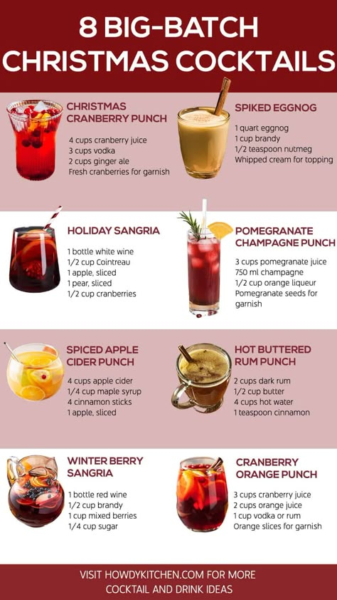 14 Popular Big-Batch Christmas Cocktails - HowdyKitchen Christmas Food Serving Ideas, Drinks To Serve At A Party, Premade Holiday Cocktails, Friendsmas Hosting Ideas, Christmas Mix Drinks Holiday Cocktails, Christmas Party Batch Cocktails, Xmas Party Drinks, Easy Christmas Hosting Ideas, Holiday Cocktails Batch