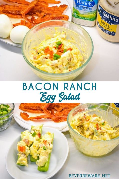 Bacon Ranch Egg Salad is a low-carb and keto egg salad recipe made with base ingredients of hard-boiled eggs, bacon, mayonnaise, and ranch seasoning and can be doctored up with the addition of items like green onions, cheese, and avocados. Ranch Egg Salad, Keto Egg Salad Recipe, Egg Salad Recipe With Relish, Keto Egg Salad, Egg Salad Recipe Healthy, Vsg Recipes, Bacon Seasoning, Celery Recipes, Main Meal Recipes