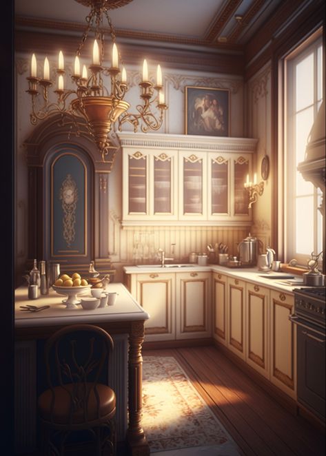 Royal Kitchen Fantasy Art, Royal Kitchen Aesthetic, Old Mansion Kitchen, Fantasy Kitchen Concept Art, Royal Kitchen Luxury, Castle Kitchen Aesthetic, Sims Mansion, Anime Kitchen, Anime Castle