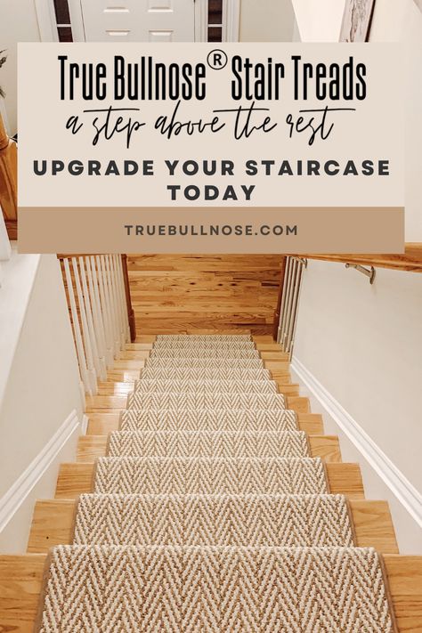 True Bullnose® Stair Treads are for the discerning DIYer that wants a high-quality alternative to the old school/costly full stair runner, which required professional installation and permanent nail damage to your wood stairs. Use our True Bullnose® Stair Treads to cover your steps. It takes about 10 seconds per step to install these! You set the built-in rigid bullnose against the end of the stair, lower the tread into place and press it down. That’s it! Stair Tread Ideas, Farmhouse Stairs, Stair Tread Covers, Interior Stair Railing, Painted Staircases, Entry Stairs, Basement Inspiration, Carpet Stair Treads, Stair Remodel