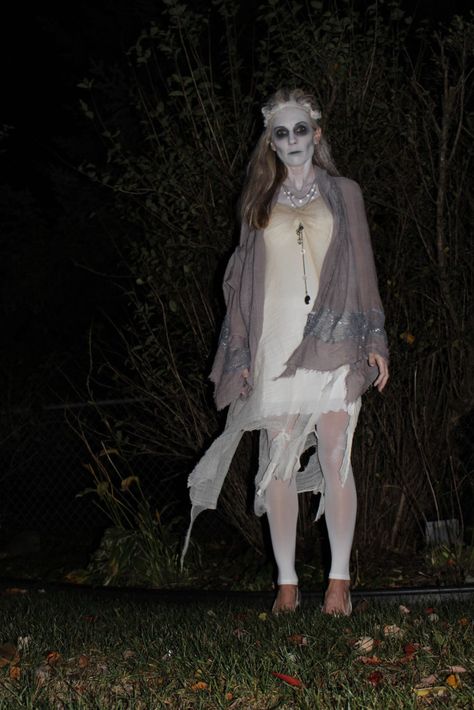 Happy Halloween and a DIY Living Dead Ghost Costume – Jenny at dapperhouse Womens Ghost Costume Diy, Realistic Ghost Costume, Womens Grim Reaper Costume, Dead Princess Costume Halloween, Dead Wife Costume, Poltergeist Costume, Dead Fairy Costume, Diy Ghost Costume For Women, Dead Girl Costume