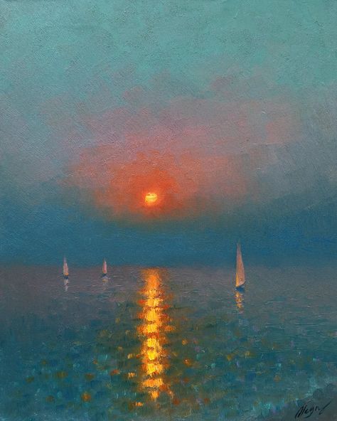 Sailboat Painting, Sea Sunset, Seascape Art, Impressionism Painting, Sea Painting, Oil Canvas, Impressionism Art, Ocean Painting, Sunset Painting