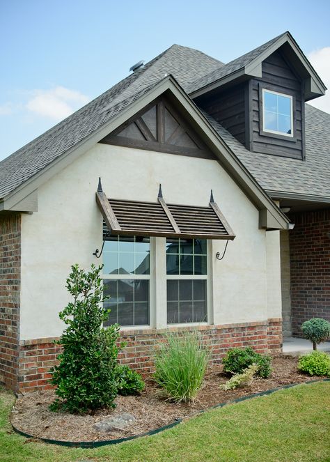 Beacon Homes: Hawkins Point floor plan with Bermuda shutter, ivory buff stucco, and brick wainscoting Bermuda Shutters, Exterior Stucco, Window Shutters Exterior, Stucco Colors, Bahama Shutters, Window Trim Exterior, Stucco Homes, Stucco Exterior, Pintura Exterior