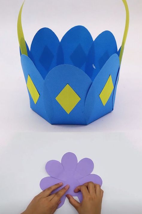 Easter Baskets Diy Kids, Paper Flower Basket, Cool Crafts For Kids, Paper Easter Basket, Craft Ideas With Paper, Origami Paper Craft, April Crafts, Paper Craft Videos, Easy Arts And Crafts