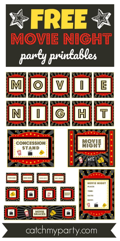 If you love going to the movies and are planning a movie night party, then these FREE movie night printables are just what you need to create some movie theatre magic! Imagine the fun you and your guests could have lounging around on some comfy poufs and watching a fun movie. So, get the popcorn ready. The movie is about to start! See more party ideas and share yours at CatchMyParty.com #catchmyparty #partyideas #movienightparty #freemovienightprintables #movienightpartydecorations Movie Night Party Decorations, Movie Theatre Birthday Party, Movie Night Poster, Movie Night Printables, Movie Theater Party, Birthday Movie Night, Diy Movie Night, Movie Theme Birthday Party, Backyard Movie Party