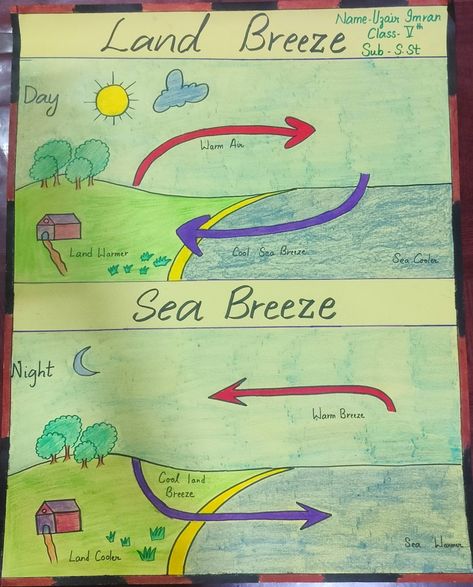 Easy chart project of school of sea and land breeze Land Breeze And Sea Breeze, Science Chart, Chart Paper, Land And Sea, Kids' Crafts, Sea Breeze, Paper Projects, School Projects, Social Science