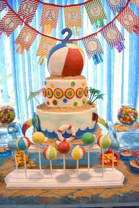 How fun is this cake at a pool birthday party! See more party ideas at CatchMyParty.com! Pool Birthday Party Ideas, Pool Birthday Cakes, Beach Ball Cake, Beach Ball Birthday, Beach Ball Party, Beach Theme Birthday, Pool Party Cakes, Pool Party Themes, Pool Party Kids