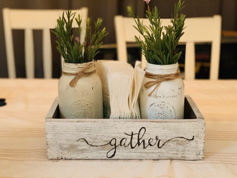 Rustic Mason Jar Centerpeice/ Napkin Holder Wooden Mason Jar Holder, Kitchen Table Napkin Holder Centerpiece, Creative Napkin Holder, Napkin Holder Centerpiece, Napkin Holder Ideas Diy, Napkin Holder Ideas, Napkin Holder Diy, Wood Blocks Diy, Diy Napkin Holder