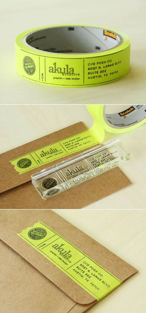 Over the past few weeks, I've been on a MISSION to find custom masking tape return address labels, but all of the available products have minimum quantities of 100-500 rolls. Um, no thanks. 1) I don't want to spend that much money on this; 2) I can't store that much tape; and 3) I'll probably move before making it through a single roll. Sooo...I came up with a less expensive and lower quantity solution: create a 4" x 1" stamp and make my own custom masking tape... Katie White, Visuell Identitet, Guerilla Marketing, Post Card, Duct Tape, Design Graphique, Return Address, Address Labels, Erin Condren