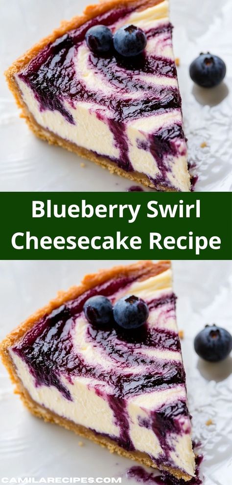 Searching for a crowd-pleaser? Discover this Blueberry Swirl Cheesecake, featuring a rich, velvety filling and a tangy blueberry swirl. It’s a simple dessert recipe that brings joy to any occasion. Cheesecake With Blueberry Sauce, Blueberry Swirl Cheesecake, Unique Recipes Desserts, Easy Dessert Idea, Easy Impressive Dessert, Blueberry Cheesecake Recipe, Swirl Cheesecake, Impressive Desserts, Blueberry Sauce