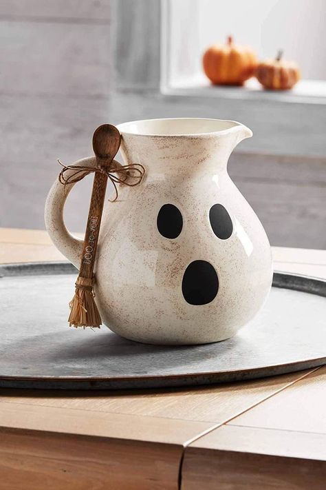 Mud Pie Ghost Pitcher Set, 96 oz | Spoon 6 1/4", White. As an Amazon Associate I earn from qualifying purchases. #halloween #decor #home #interior #design #holiday #season #fall #autumn #kitchen #pitcher #ghost #spooky #cute #celebration #festive #october Halloween Themed Drinks, Ceramic Ghost, Halloween Decor Diy, Adornos Halloween, Halloween Tattoo, Pitcher Set, Fall Halloween Decor, Christmas Tree With Gifts, Halloween Home