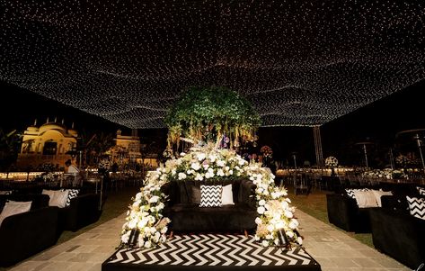 Sip, savor, and stargaze 💫 Our cocktail night unfolds beneath a starlit sky. Mansi Yashun ♥️ Bride- @khetan.mansi Groom- @yashunbanka Couple- @yashutaggedmansi Venue- @thealsisarnahargarh Dj- @djnikhilmehra Design,concept- @decorbykomal Wedding planning- a @one_point_weddings Hospitality- @quetzalbyhashtag Bar- @cocktailsdzire Makeup- @divyaa_artistry Photographer- @weddingstoriesbyahadhafeez Anchor- @anchor.ansh Entertainer- @jazba_djbasedband Production- @utsav_events_rantha... Seating For Bride And Groom, Sangeet Seating, Couple Seating, Cocktail Decor, Cocktail Decoration, Black And White Wedding Theme, Starlit Sky, White Wedding Theme, Cocktail Night