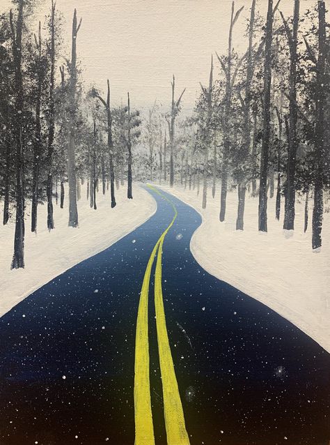 Winter Road Painting, Snowy Road Painting, Snow Paintings, 2024 Planning, Road Drawing, Road Painting, Winter Road, Christmas Landscape, Bear Paintings