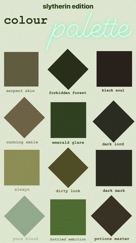 slytherin hogwarts house color palette vsco aesthetic (credit: @cozychloe on pinterest) Slytherin Aesthetic Decor, Slytherin Aesthetic Room Decor, Slytherin Colour Palette, Slytherin Aesthetic Home Decor, Slytherin Aesthetic House Decor, Slytherin Room Inspiration, Slytherin Office Aesthetic, Draco Malfoy Color Palette, Slytherin Palette