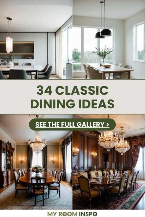 Discover 34 classic dining room ideas featuring stylish furniture layout and creative decor. This pin highlights various design themes to spark your home decor inspirations using 4 inviting images. Dining Room Sets Traditional, Modernizing Traditional Dining Room Furniture, Modern Vintage Dining Room Ideas, Dining Room Design Traditional, Antique Dining Table Modern Chairs, Dining Room Inspiration Traditional, Elegant Dining Room Luxury Classy, Neo Classic Dining Room, New Classic Dining Room