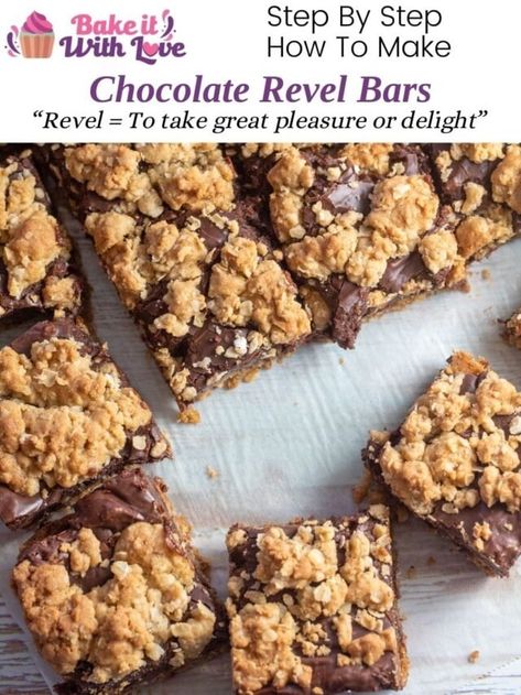 Chocolate Revel Bars - Bake It With Love Chocolate Revel Bars Oatmeal, Filled Chocolate Bars, Chocolate Revel Bars Recipe, Revel Bars Recipe, Chocolate Revel Bars, Revel Bars, Oat Crust, Cookie Brownie Recipe, Fudge Bars