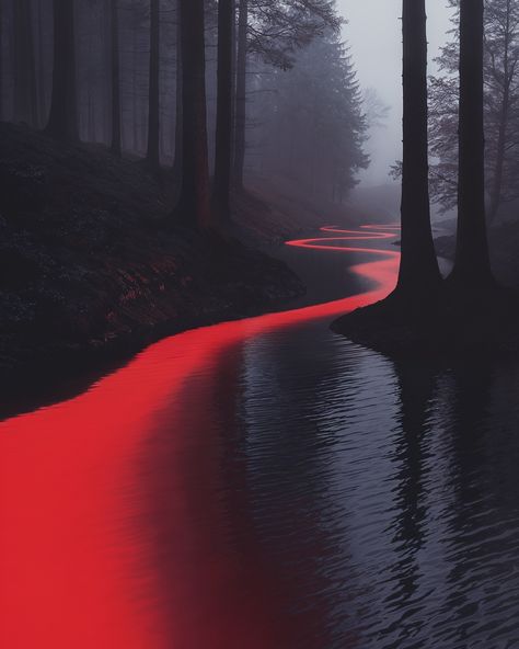 --sref 492309580 4072594770 1872206420 River Dark Aesthetic, Oneiric Aesthetic, Red Moon Cycle, Dark River, Red Landscape, Red Lake, Creative Photography Techniques, Red Moon, Beautiful Dark Art