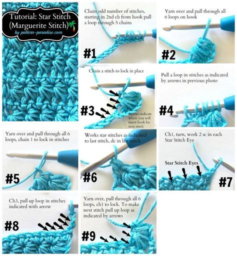 Star Stitch Card Tutorial Crocheted Star, Crochet Star Stitch, Tutorial Knitting, Crochet Stitches Guide, Crochet Stitches Free, Crochet Stars, Crochet Stitches For Beginners, 자수 디자인, Crochet Stitches Tutorial